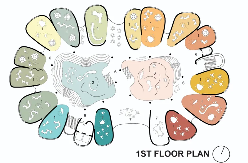 First floor plan drawing with color-coded organic chambers radiating around a central void and interconnected pathways