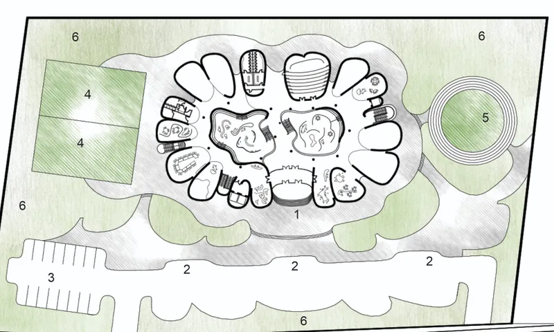 Site plan drawing showing an organic cluster of circular and curved spaces surrounded by parking and landscaped zones