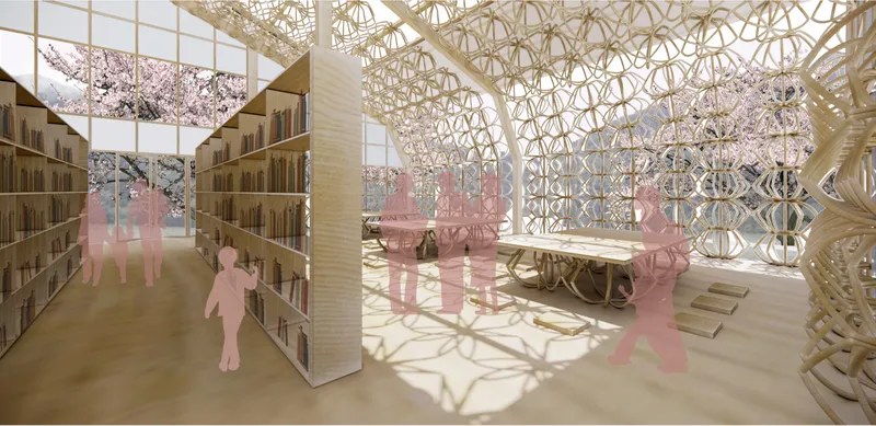 Reading room with bookshelves and lattice structure framing cherry blossom trees visible through the glazed wall