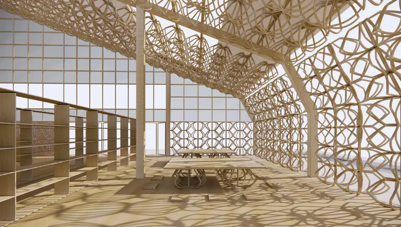 View along the curved parametric lattice wall with integrated bookshelves and low seating in dappled light