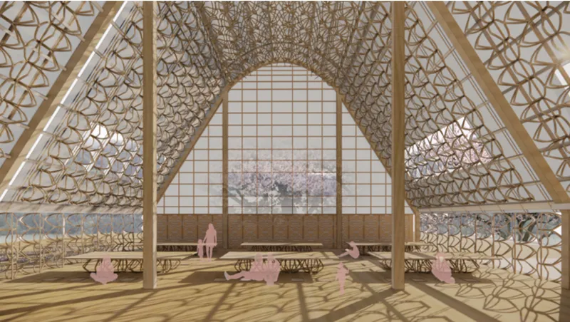 Arched interior space with geometric timber lattice ceiling and rows of benches beneath cherry blossom views