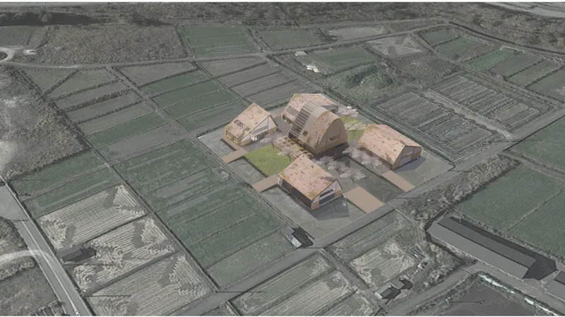 Aerial rendering of clustered timber pavilions set among agricultural fields and pathways