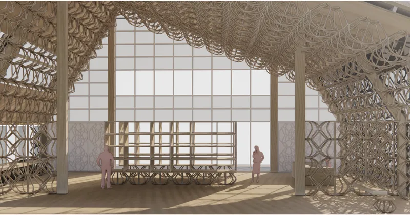 Interior rendering showing a patterned lattice ceiling and walls with a reception desk and figures in filtered sunlight