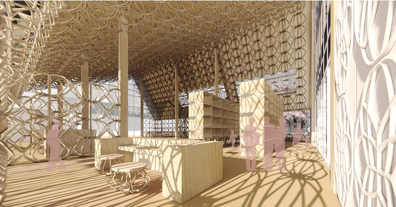 Library interior with timber lattice screens casting geometric shadows across the floor and service counter