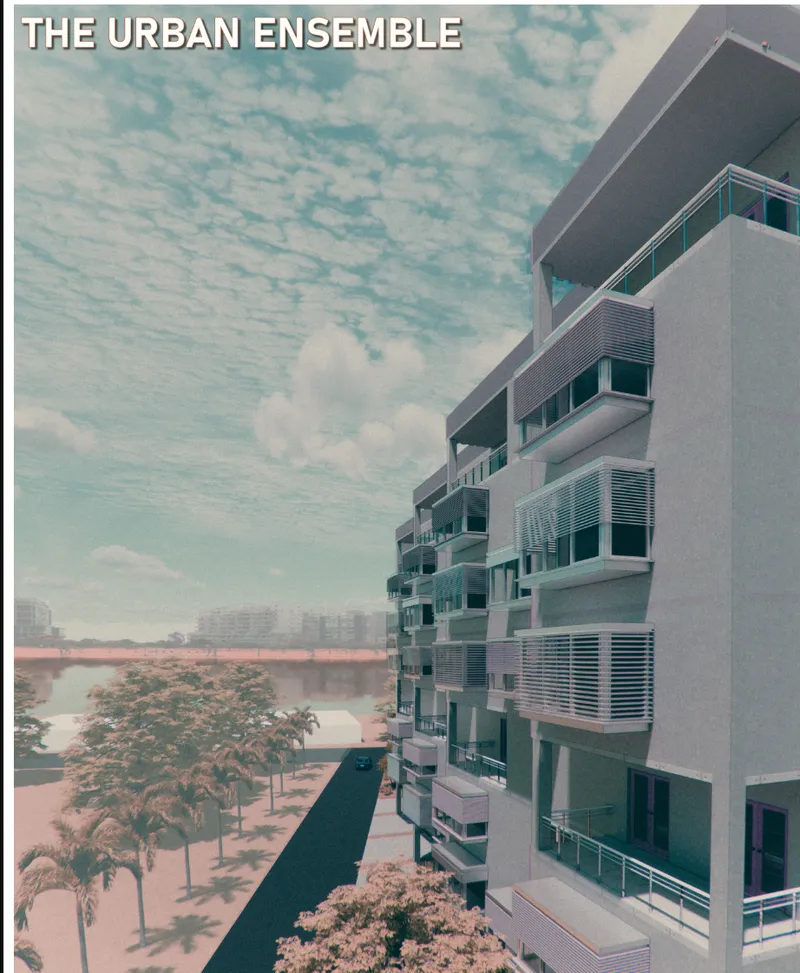 Angled view of the multi-story residential block with balconies overlooking a waterfront and trees under a clouded sky