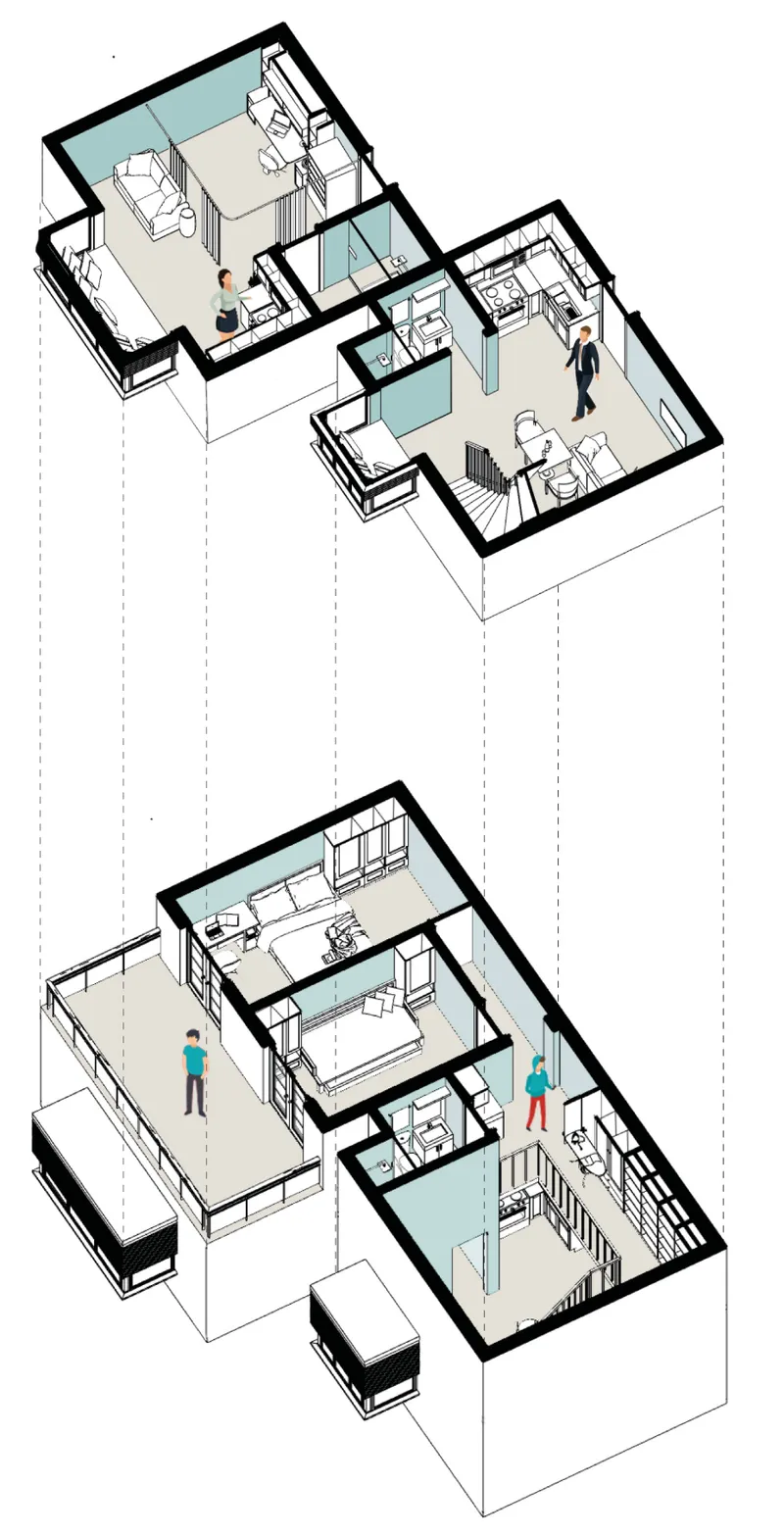 Axonometric drawing showing two levels of residential units with staircases connecting the split-level living spaces