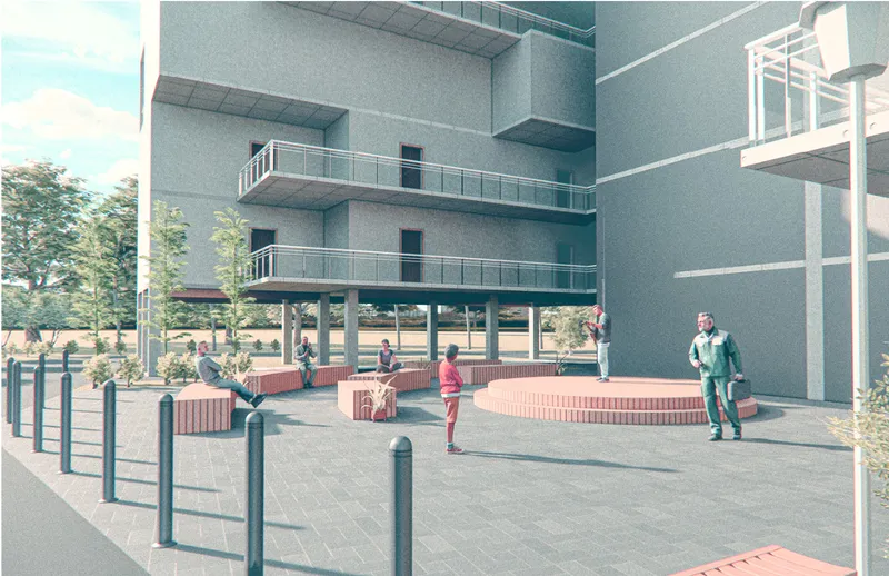 Ground-level courtyard with stepped brick seating elements and metal bollards beneath raised residential volumes with balconies