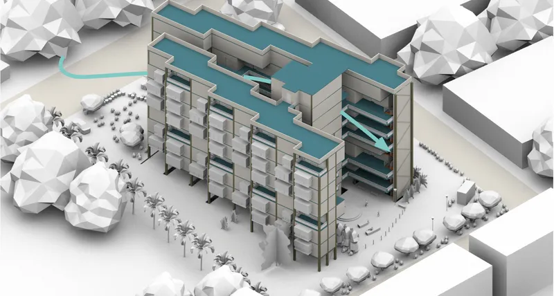 Isometric rendering showing the stepped residential volumes with green roofs in a white low-poly landscape context