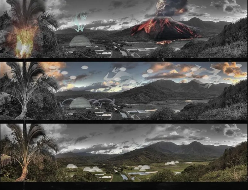 Three renderings showing domed structures across a valley with mountains under varying dramatic skies