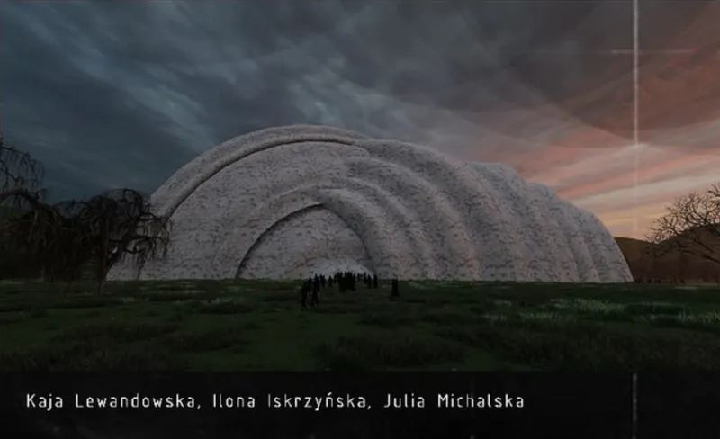 Rendering of a ribbed dome structure set in grassland with silhouetted figures at dusk