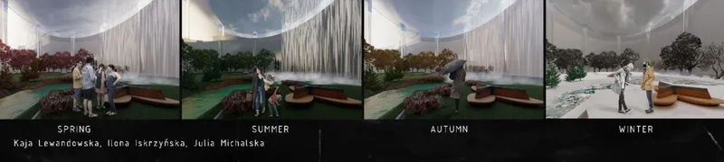 Four renderings of the interior courtyard showing seasonal changes from spring to winter