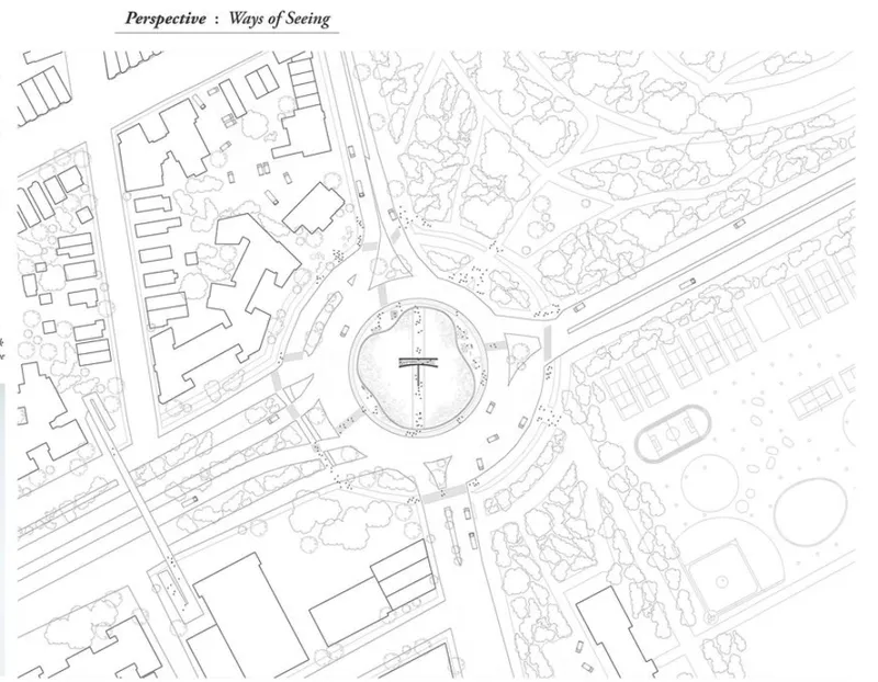 A detailed plan situating Perspective within a roundabout, connecting parks, roads, and urban fabric.