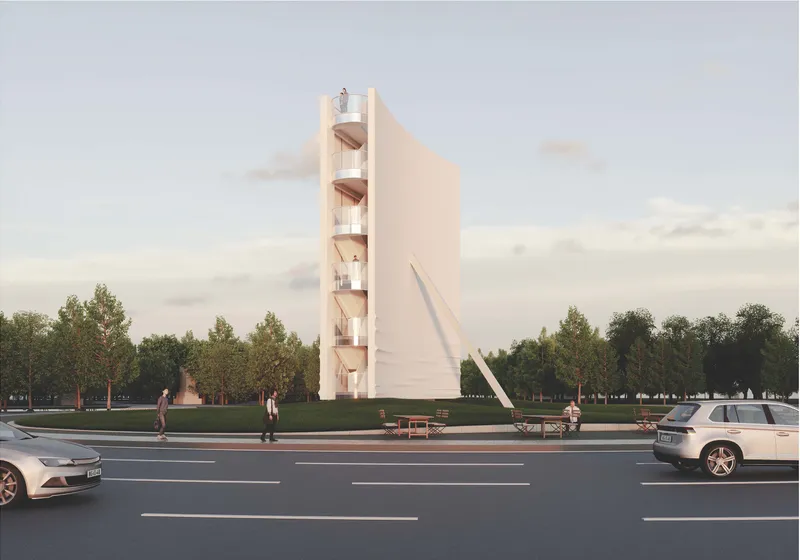 Street-level view showcasing the full vertical form and public interface of the architectural sculpture.