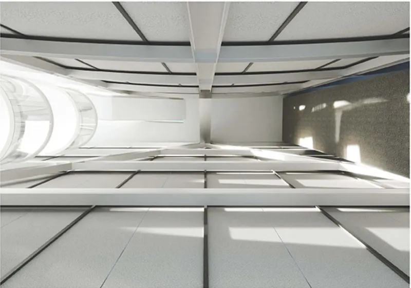 View from the base, looking upward through the layered interior revealing light, materiality, and geometry.