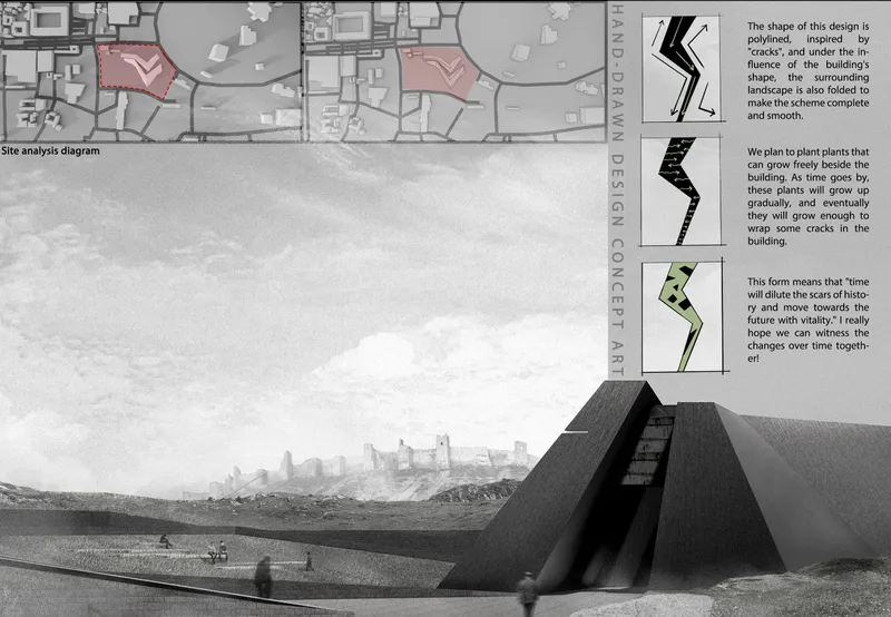 Site analysis diagram showing angular building form with plan view and explanatory annotations above