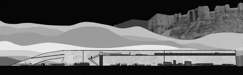 Section drawing showing interior spaces against layered landscape and ruins in the background