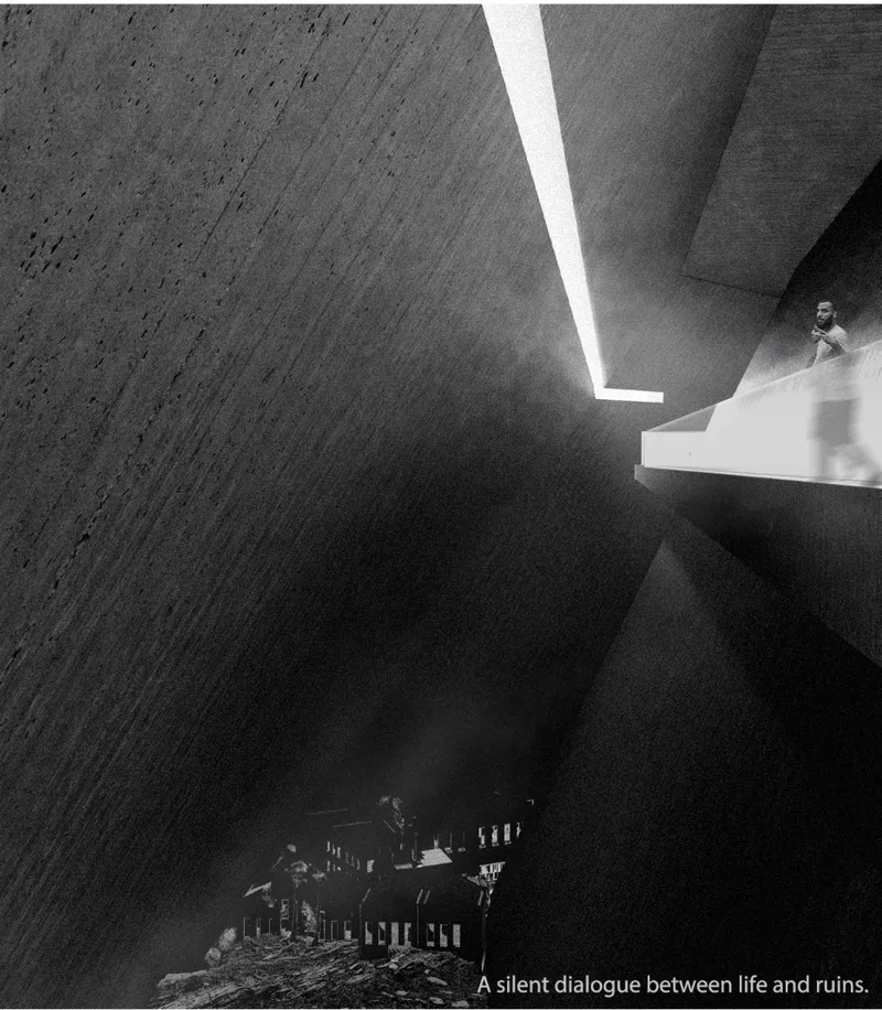 Interior view of angled concrete walls and clerestory skylight with a figure on an upper landing