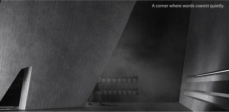 Shadowed interior showing angular concrete walls and recessed bookshelves in dim light