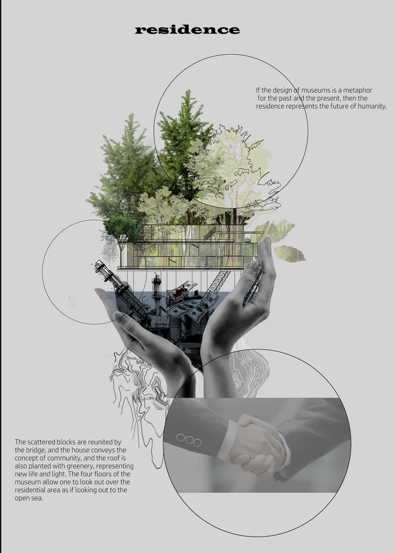 Conceptual collage drawing combining hands, trees, architectural sections and circular diagram elements