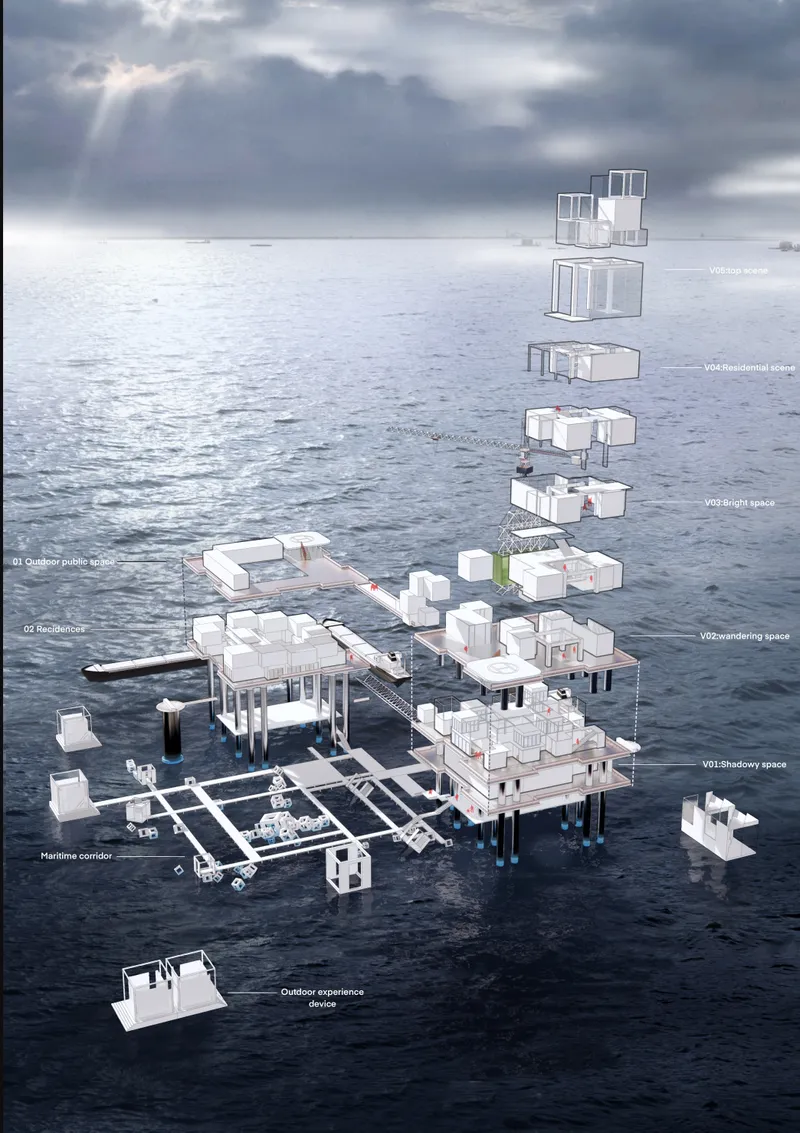 Axonometric rendering showing scattered white modular volumes connected by walkways over dark water