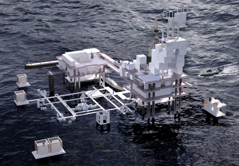 Aerial view of the white modular floating structure on stilts with dark choppy water surrounding it