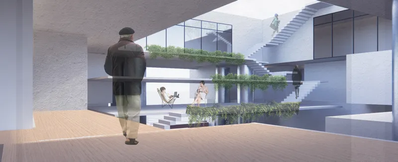 Interior rendering showing planted bridge walkways connecting levels with a visitor in the foreground
