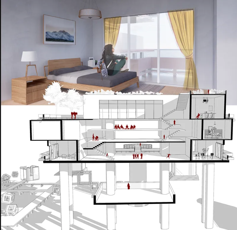 Section drawing showing stacked residential spaces with rendered bedroom vignette above the cutaway
