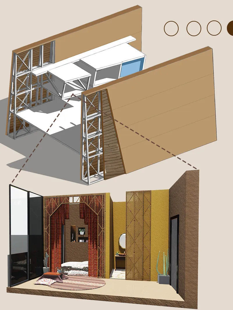 Axonometric drawing showing timber lattice walls and interior spaces with hanging red curtains and yellow partitions