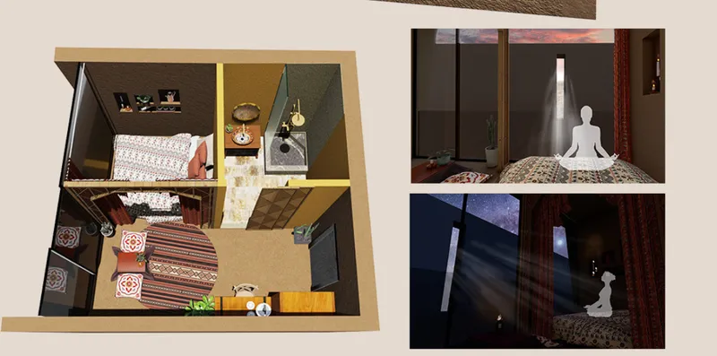 Top-down cutaway view of a bedroom with patterned textiles and a figure meditating in an adjoining space