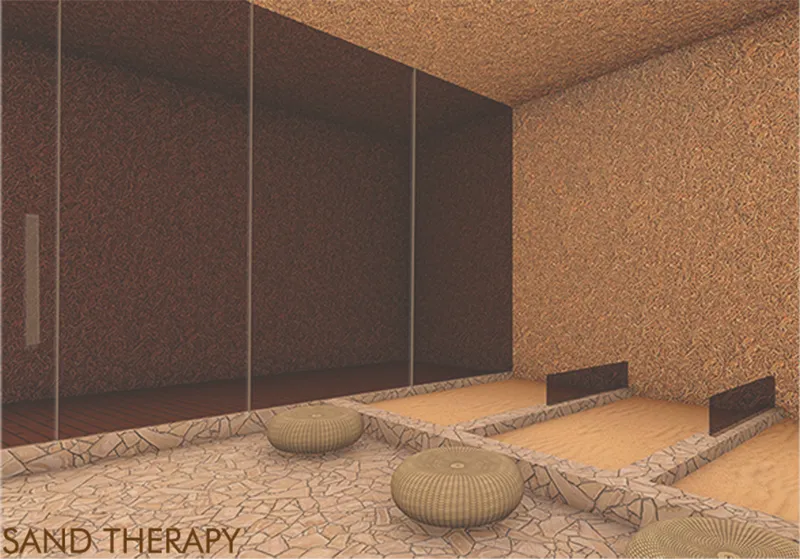 Interior view of a cork-textured room with shallow sand pit and woven floor cushions