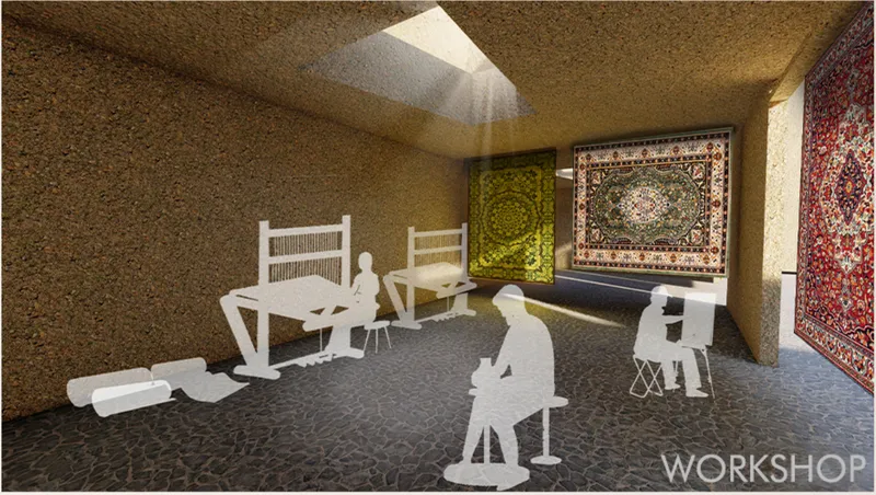 Rendering of a workshop space with cork walls, pyramid skylight, and seated figure silhouettes
