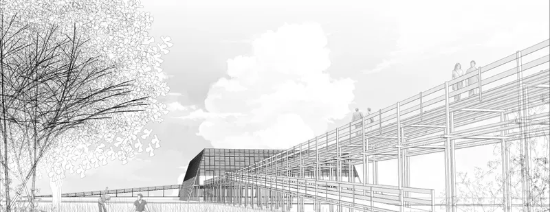 Perspective drawing of a timber gridded facade with curved roof element and trees in foreground