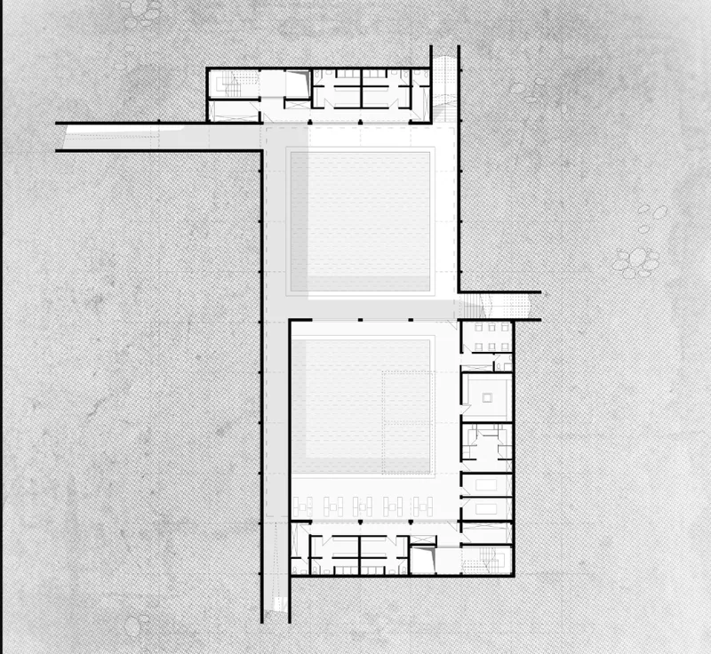 Floor plan drawing showing rooms arranged around two central courtyards with surrounding landscape