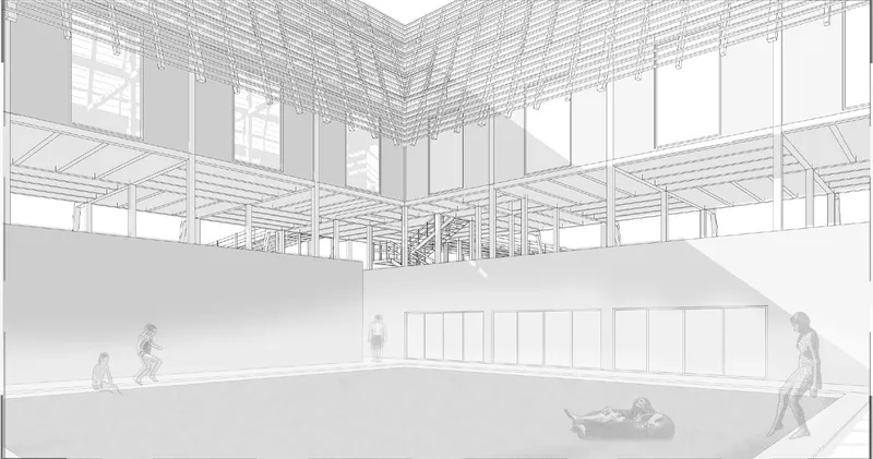 Perspective drawing showing a double-height interior space with exposed timber ceiling structure and figures below