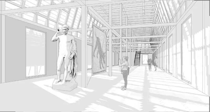 Perspective drawing of a gallery corridor with timber trusses overhead and a sculpture at left