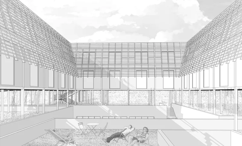 Perspective drawing of a double-height courtyard with glazed walls overlooking grassy landscape and two figures reclining