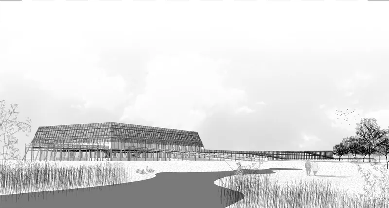 Elevation drawing showing a timber lattice structure beside a pond with grasses and bare trees