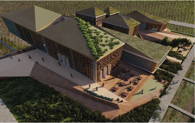 Aerial rendering showing clustered volumes with lattice facades, green roofs, and a terraced outdoor courtyard with seating