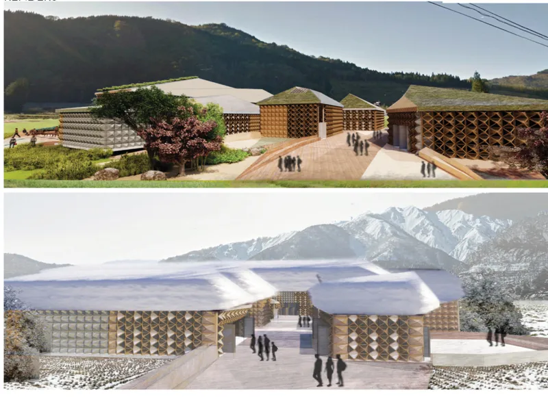 Two rendered elevations of the complex in summer and winter, with mountains in the background