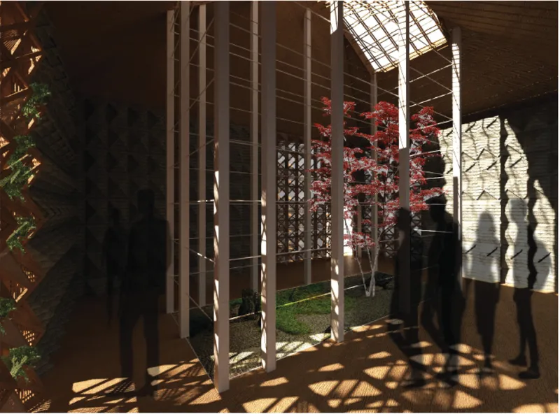 Interior courtyard with vertical timber slats, red maple tree, and dappled sunlight casting shadows on visitors