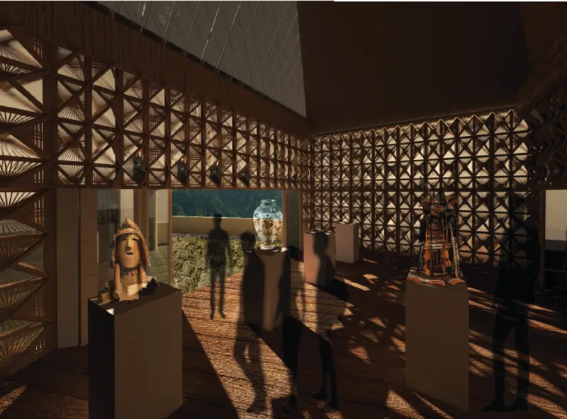 Gallery space with lattice wall, display cases holding artifacts, and figures walking through filtered afternoon light