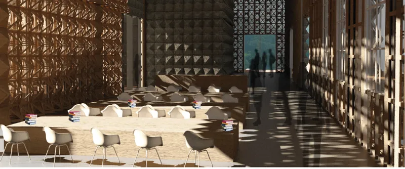 Interior reading room with long tables, white chairs, and patterned screens filtering light along the walls
