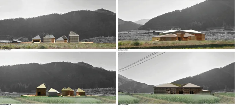 Four elevation drawings showing the complex from different sides against a mountainous landscape