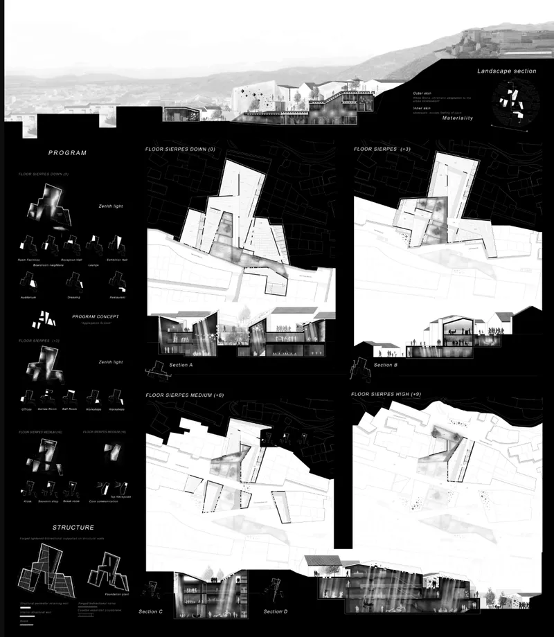 Presentation board with floor plans, sections, elevations and program diagrams on black background