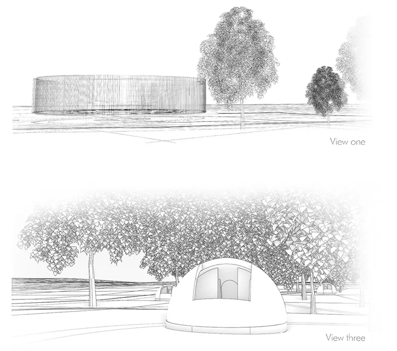 Minimalist rendering of the main circular structure surrounded by sparse tree placement, echoing the contemplative tone.