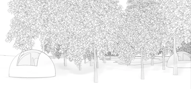 Sketch showing individual solar cell units embedded in a dense canopy, symbolizing privacy and seasonal immersion.