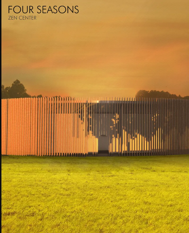 The setting sun casts dynamic shadows through the panel curtain, highlighting the building's solar-responsive design.
