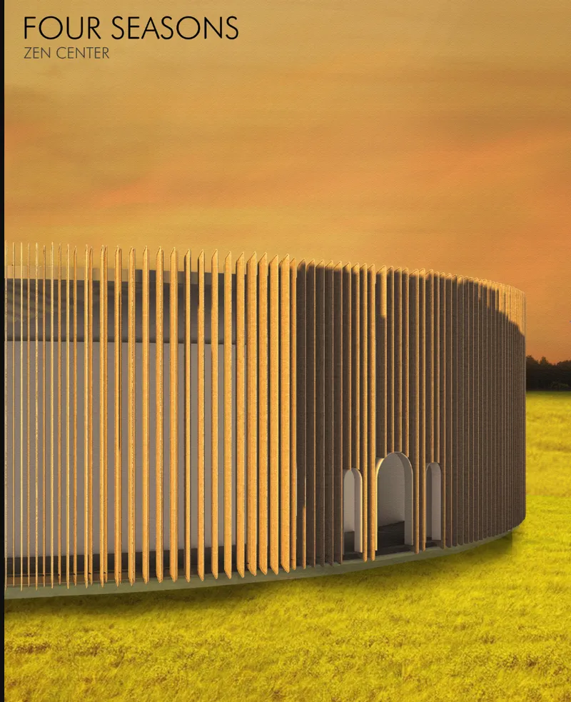 A closer view of the Zen Center’s rotating envelope system, emphasizing the circular form and changing daylight interaction.