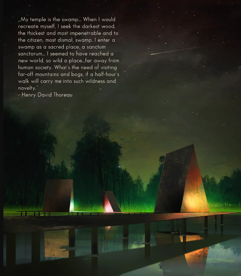 Three illuminated geometric volumes on a wooden dock reflected in still water at dusk