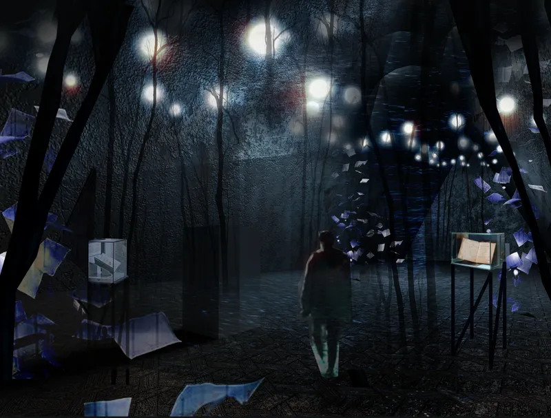Installation pathway through a foggy forest with suspended lanterns and a figure walking